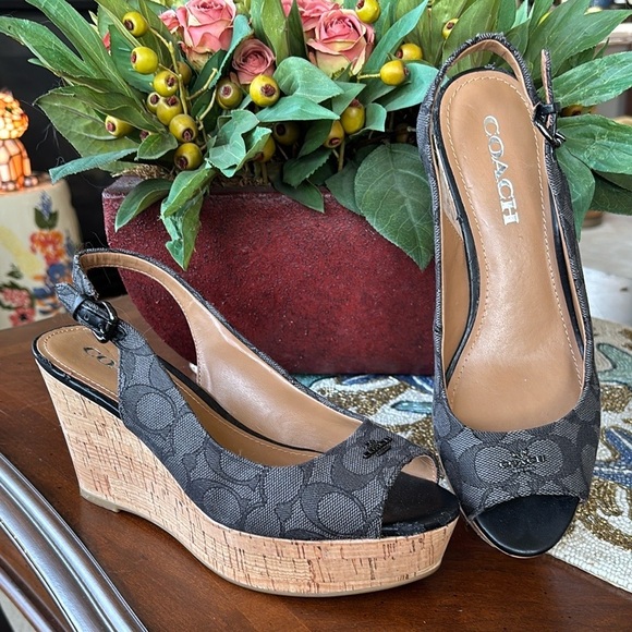 COACH Black Signature C Peep Toe Slingback Cork Wedges Sandals Metal Logo - Picture 1 of 16